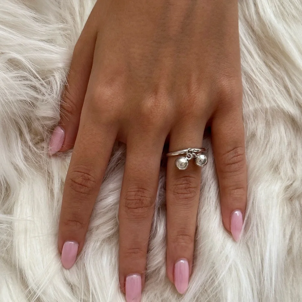 925 sterling silver Double-Band Ring with Dangling Silver Beads